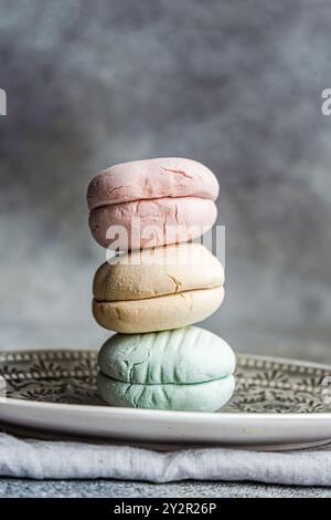 An elegant display of three pastel-colored macarons, pink, beige, and green, neatly stacked atop each other on a decorative plate with intricate detai Stock Photo