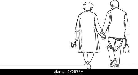continuous single line drawing of senior couple walking hand in hand, line art vector illustration Stock Vector