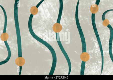 An abstract illustration featuring green wavy lines intersected by golden circles on a grunge-textured grey background suitable for unique wallpapers Stock Photo