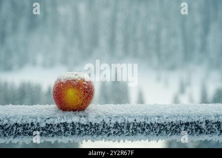 A vibrant apple dusted with frost rests on a snowy railing against a blurred backdrop of a dense, snowy forest in the French Alps. Stock Photo