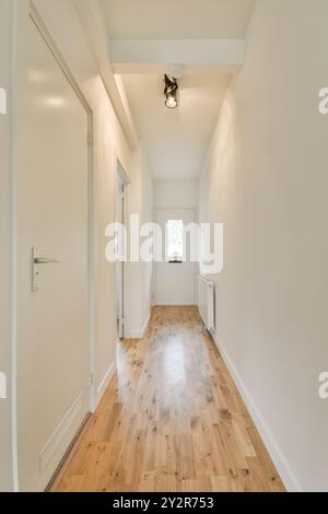 A bright and airy hallway inside a contemporary home, featuring a hardwood floor, white walls, and modern lighting. Stock Photo