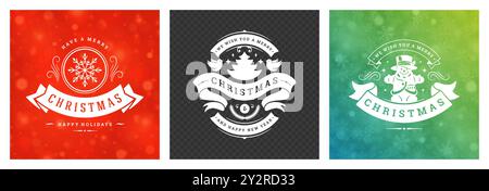 Three festive greeting cards display cheerful Christmas designs, including a snowflake, a snowman, and joyful holiday wishes on vibrant colored backgr Stock Vector