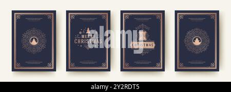 A collection of four holiday card designs showcases intricate winter-themed illustrations, featuring symbols like a deer and snowflakes, perfect for s Stock Vector
