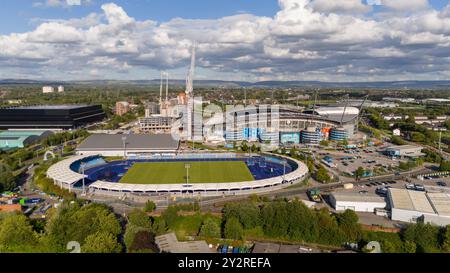 Aerial pitches at Etihad Stadium Manchester City FC  and Athletics pitches Stock Photo