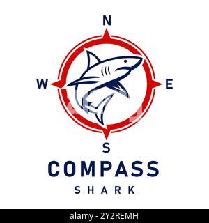 Shark Illustration with Compass Elements Marine Logo Design Vector Stock Vector