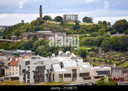 Edinburgh view from Salisbury Crags, Scottish Parliament Building, Old Royal High School, New Calton Burial Ground and Calton Hill Stock Photo