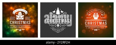Three festive greeting cards display cheerful Christmas designs, including a snowflake, a snowman, and joyful holiday wishes on vibrant colored backgr Stock Vector