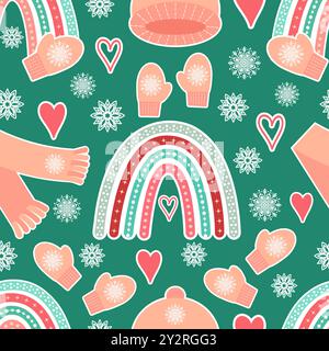 Winter Christmas holidays vector seamless pattern. Cute childish background, wallpaper with boho rainbows, kids mittens, scarves, hats, love hearts an Stock Vector