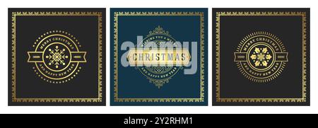 Three beautifully crafted Christmas cards showcase detailed gold designs and silhouettes of Christmas trees, perfect for sending holiday wishes and ch Stock Vector