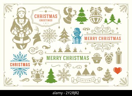 A variety of festive illustrations display Christmas symbols including trees, snowflakes, gifts, and greetings. The designs capture the joyful spirit Stock Vector