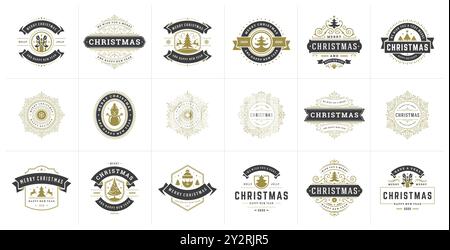 A collection of vintage-inspired Christmas labels and tags, featuring elegant designs ideal for holiday gifts, decorations, or cards, showcasing vario Stock Vector