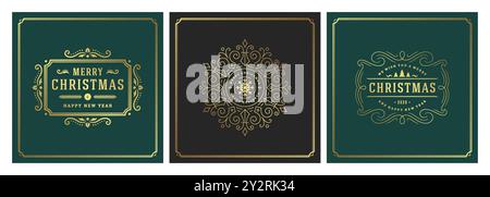 Three beautifully designed holiday greeting cards showcase festive elements like snowflakes, trees, and a snowman, perfect for sharing seasonal joy an Stock Vector