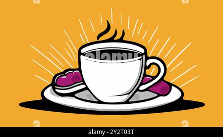 A white coffee cup with a pastry on a plate Stock Vector