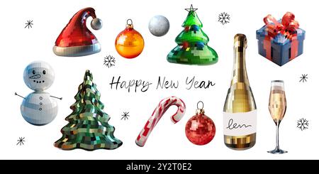 Set disco mirror ball new year and Christmas, Christmas tree, Santa hat, ornament, Mosaic style on white background. vector Stock Vector