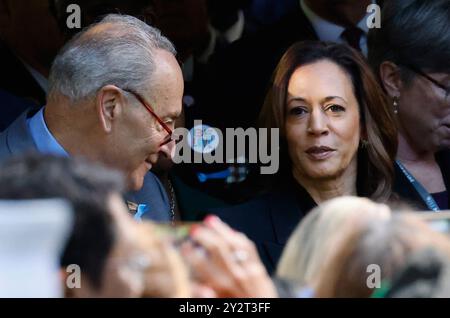 New York, United States. 10th Sep, 2024. Vice President and Democratic presidential candidate Kamala Harris speaks with Sen. Chuck Schumer, D-NY, at the 9/11 Commemoration Ceremony at the National September 11th Memorial and Museum in New York City on Wednesday, September 11, 2024. Photo by Peter Foley/UPI Credit: UPI/Alamy Live News Stock Photo