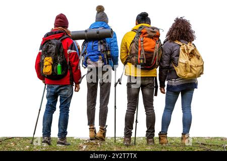 Rear view of young friends hikers isolated over white background and carrying colorful mountain backpacks for traveling camping Stock Photo