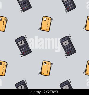 Seamless pattern with Payment Terminal and Credit Card. Background with shopping, supermarket, sales, black Friday Stock Vector