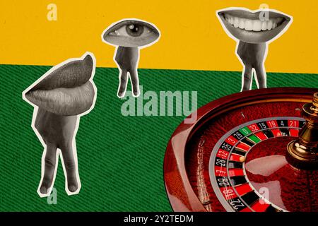 Trend artwork sketch image composite photo collage of huge three human hand two finger legs mouth eye head roulette gambling casino Stock Photo