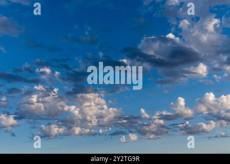 Beautiful white puffy clouds against blue sky during dramatic sunset. Stock Photo
