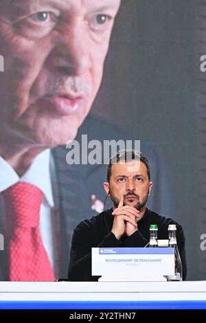 President of Ukraine Volodymyr Zelensky looks on as President of Turkiye Recep Tayyip Erdogan calls in via video, during the Fourth Crimea Platform Leaders Summit in Kyiv, Ukraine. Picture date: Wednesday September 11, 2024. Stock Photo