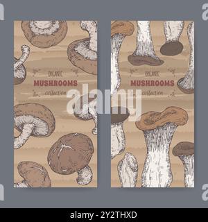 Two labels with Lentinula edodes aka shiitake and Pleurotus eryngii aka king oyster mushroom color sketch. Stock Vector