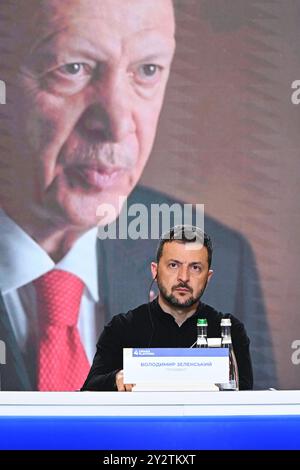 President of Ukraine Volodymyr Zelensky looks on as President of Turkiye Recep Tayyip Erdogan calls in via video, during the Fourth Crimea Platform Leaders Summit in Kyiv, Ukraine. Picture date: Wednesday September 11, 2024. Stock Photo