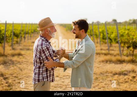 Two men share a meaningful discussion amidst rows of grapevines, enjoying the warmth of the late afternoon sun, symbolizing connection and tradition i Stock Photo