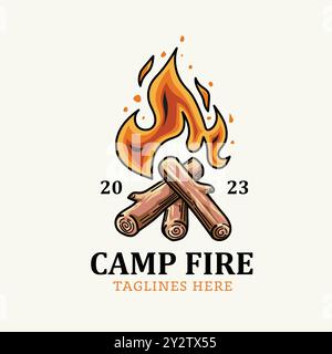 Bonfire icon vector design. Burning bonfire with wood, Burning campfire or bonfire on wooden logs isolated on white background. Design element of flam Stock Vector