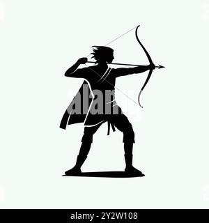 Silhouette of a fantasy man warrior archer aiming at her target from a distance Stock Vector