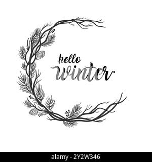 minimal christmas tree branches and cherry circle frame vector template, Hello winter Text Stock Vector
