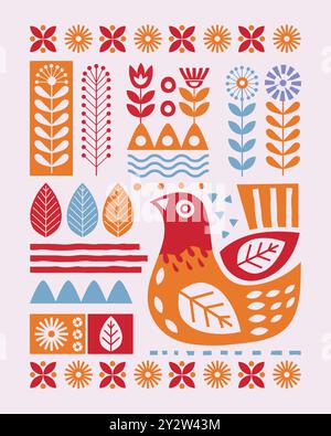 Stylized folk ornament with bird Template for tiles, mosaics, textiles, bed linen, carpet Stock Vector