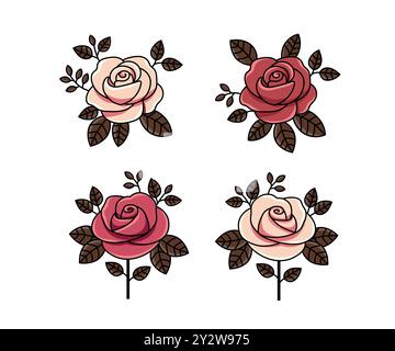 Vector outlines hand drawn red roses flower collection Stock Vector