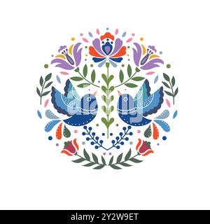 Scandianvian traditional folk art ornament vector design with flowers and birds, inspired by traditional embroidery patterns from Sweden Stock Vector