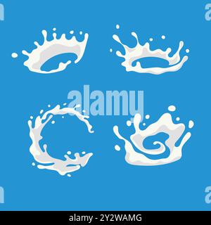 vector collection of milk splashes isolated on blue background Stock Vector