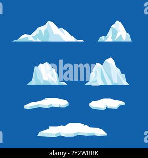 Floating iceberg vector collection, Ice mountain, large piece of freshwater blue ice in open water Stock Vector