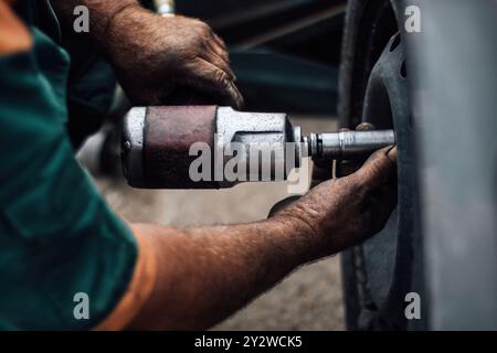 Close-up shot of a mechanic unscrewing the wheel nuts of a car to change the tire, mechanical vehicle concept background with copy-space (by Ivan Radi Stock Photo