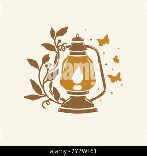Kerosene vintage lamp with floral and butterfly vector illustration Stock Vector