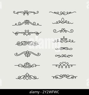 Hand drawn calligraphic flourish dividers. Decorative scroll divider for wedding invite card design, vintage ornate borders and filigree flourishes gr Stock Vector