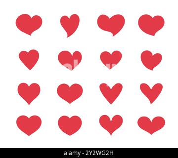 Set red hearts. Romantic symbol of different shapes, flat cartoon icons. Love banner template decorative element for wedding invitation card Stock Vec Stock Vector