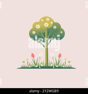 A spring tree with green leaves with blooming flowers Vector illustration, Cherry blossom tree vector, Stock Vector
