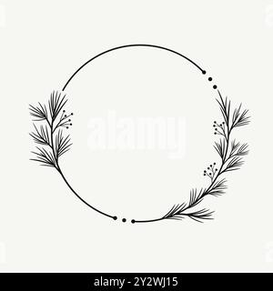 Frame of spruce branches vector illustration, pine tree needles branches greenery hand drawn wreath garland border Stock Vector