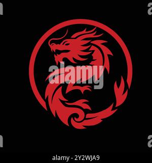 Chinese Dragon circle emblem red color isolated on black background Stock Vector