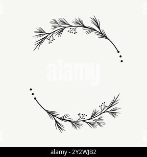 Frame of spruce branches vector illustration, pine tree needles branches greenery hand drawn wreath garland border Stock Vector