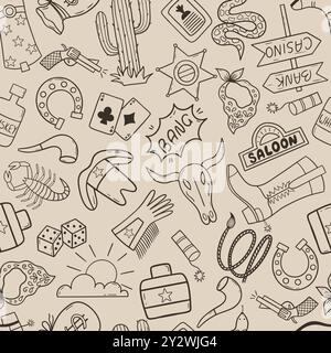 Wild West seamless pattern with cactus, cowboy hat, cow skull, game cards, scorpio and etc. Stock Vector