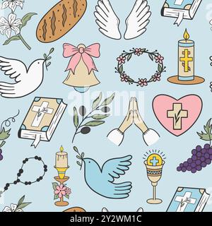 Seamless First Communion pattern with religious symbols. Perfect for backgrounds, packaging, or fabric designs related to spiritual occasions. Stock Vector