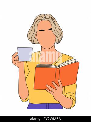 Woman reading book and drink coffee isolated Stock Vector
