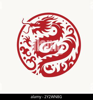 Chinese Dragon circle emblem red color isolated on white background Stock Vector