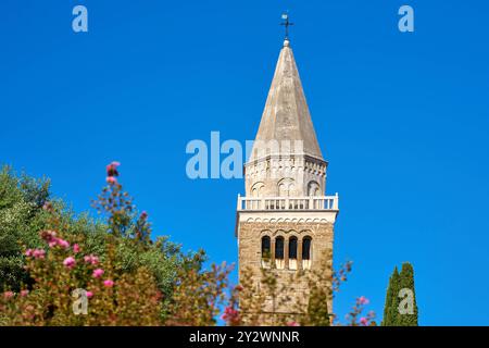 Koper, Slovenia - August 25, 2024: The impressive bell tower of Koper Cathedral in Slovenia *** Der beeindruckende Glockenturm der Kathedrale von Koper in Slowenien Stock Photo