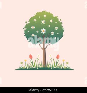 A spring tree with green leaves with blooming flowers Vector illustration, Cherry blossom tree vector, Stock Vector