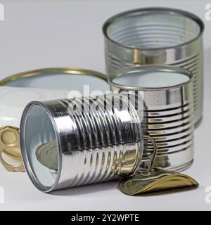 Empty tin cans in a close-up Stock Photo